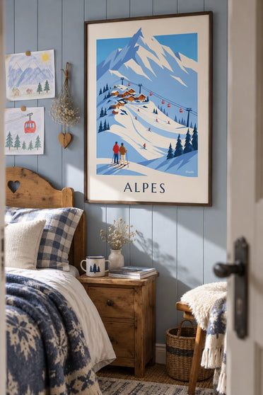 Poster of a French Alps ski resort and gondola lift: framed on the wall