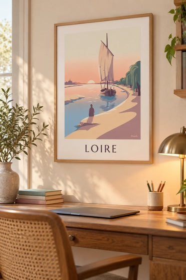Affiche gabare à voile carrée sur la Loire au coucher du soleil : encadrée au mur