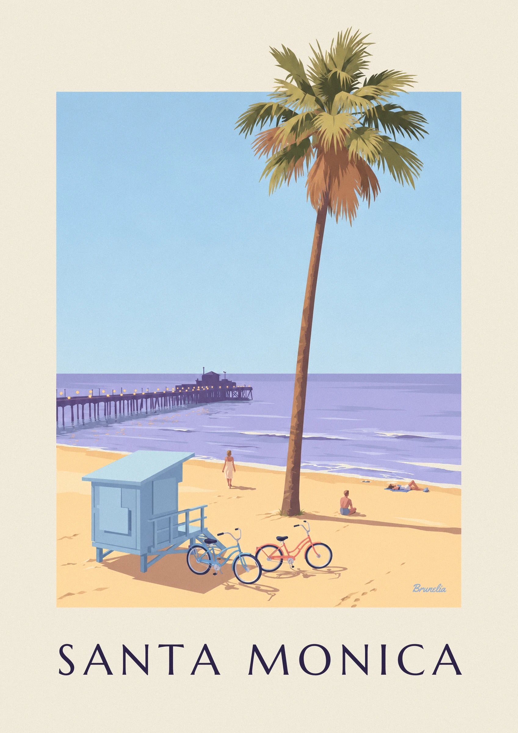 The palm tree with green and golden fronds, leaning against a pale blue sky