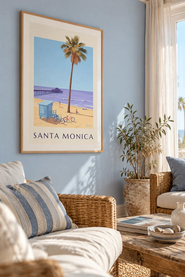Poster of the Santa Monica Pier at sunset: framed on the wall