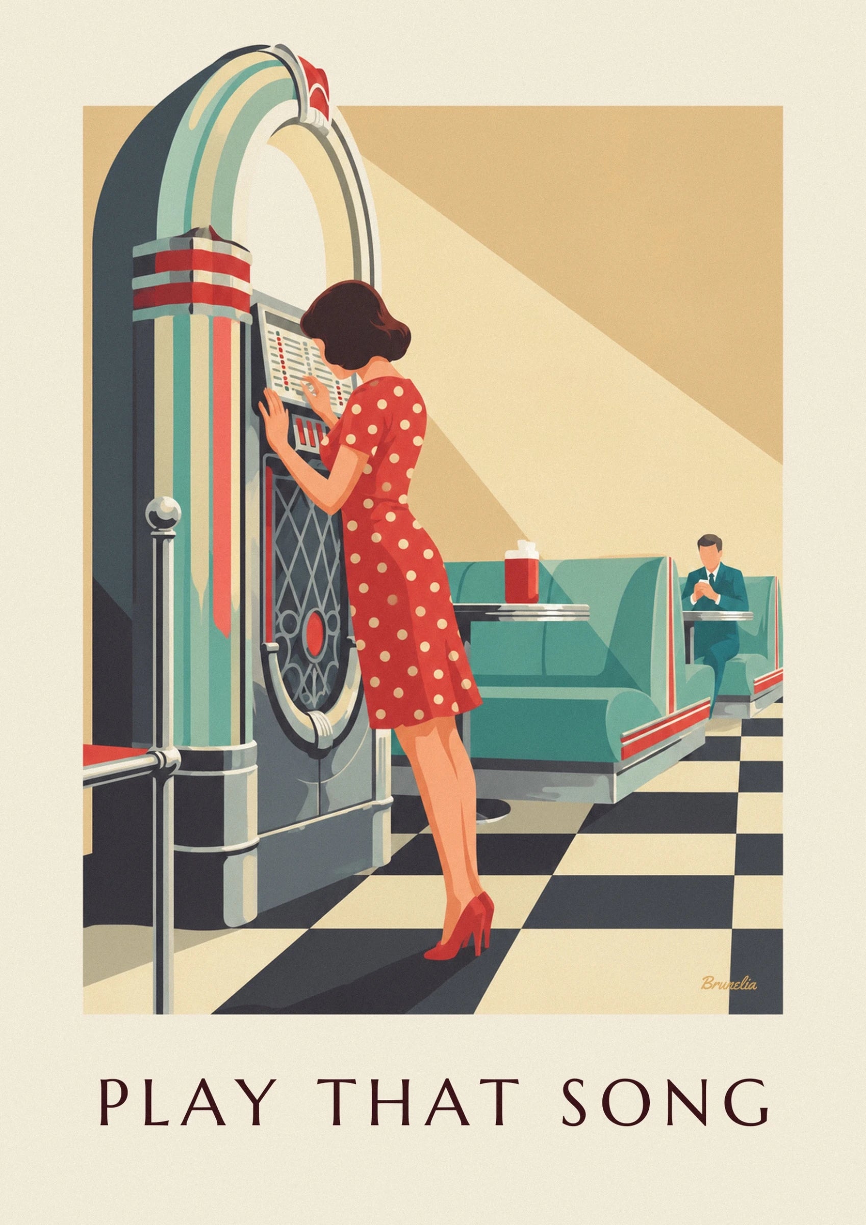 The woman in a red dress with cream polka dots, her hands on the jukebox selector