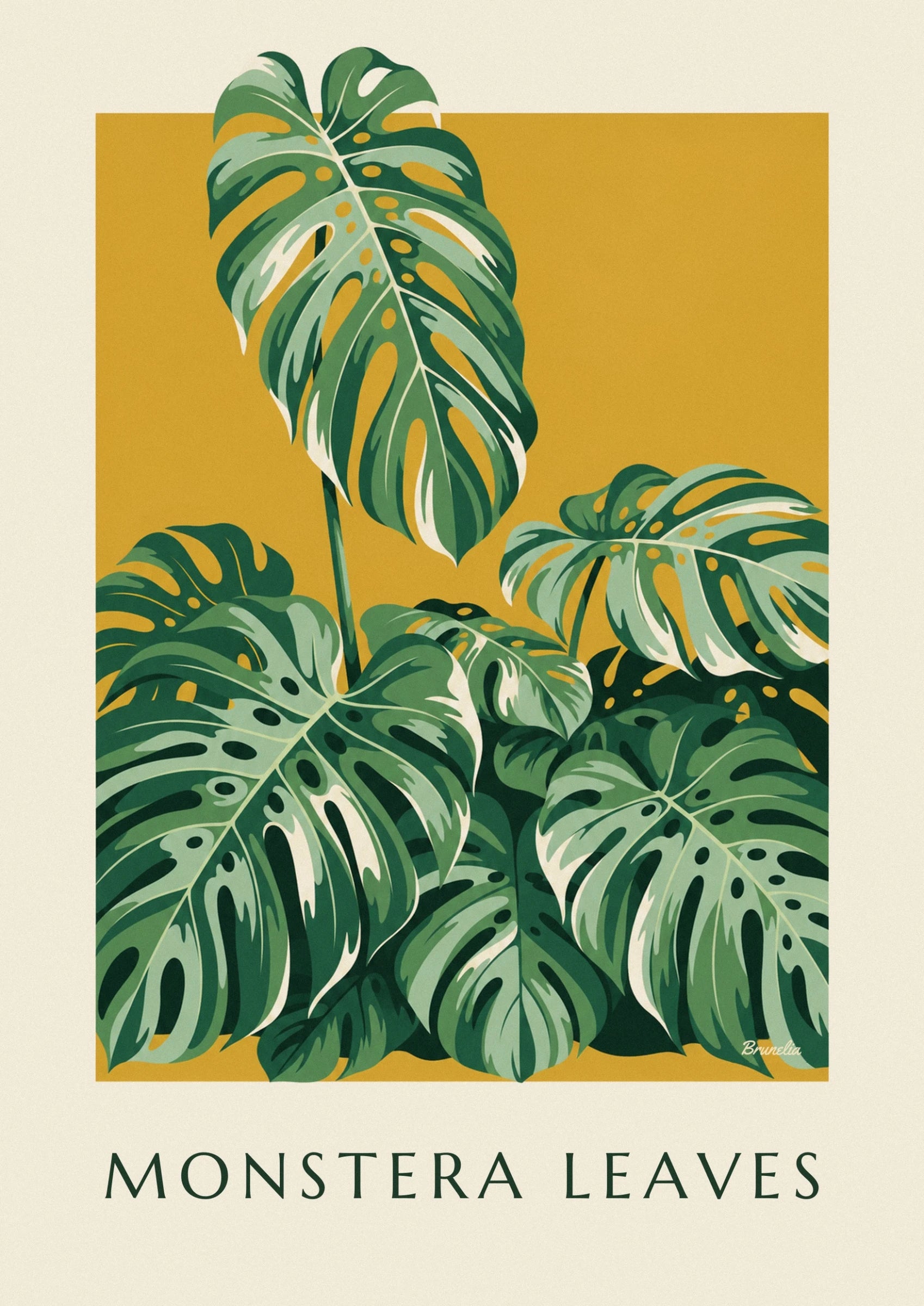 Une longue feuille de monstera aux nervures crème sur fond jaune moutarde