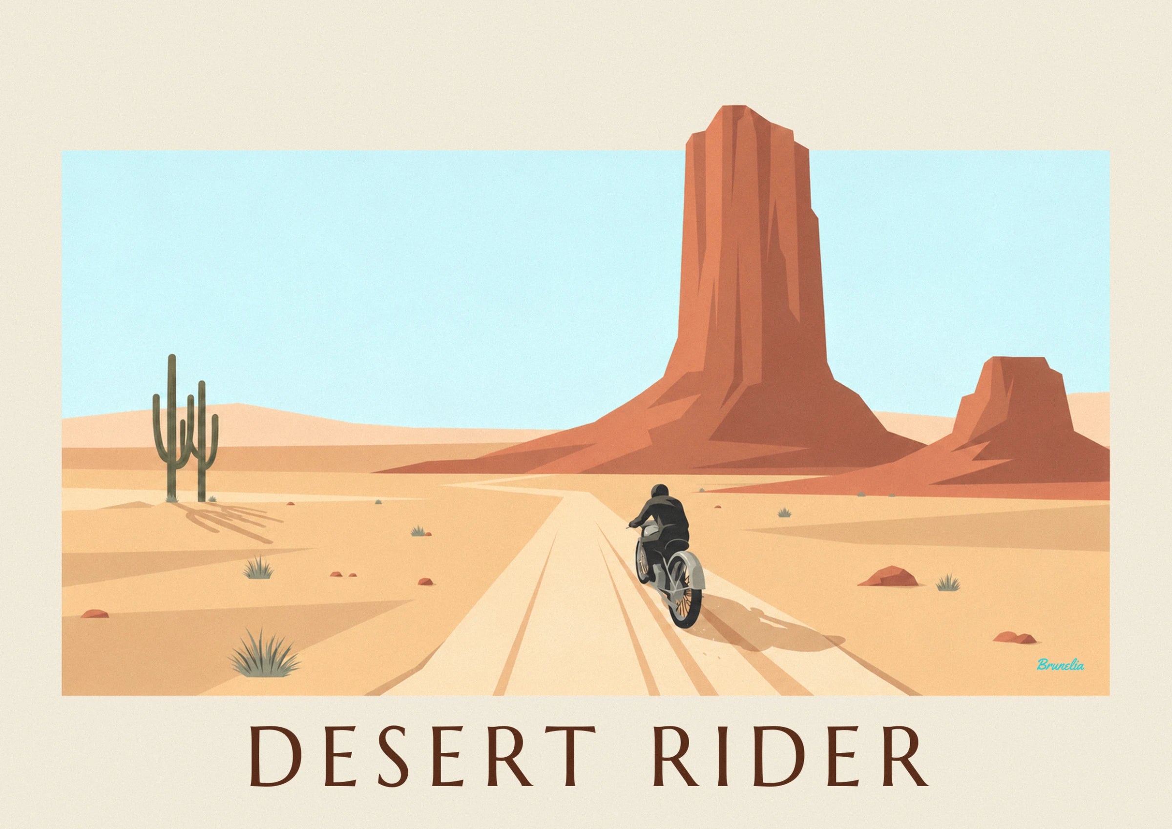 The motorcyclist in a dark jacket seen from behind, with tyre tracks in the golden sand