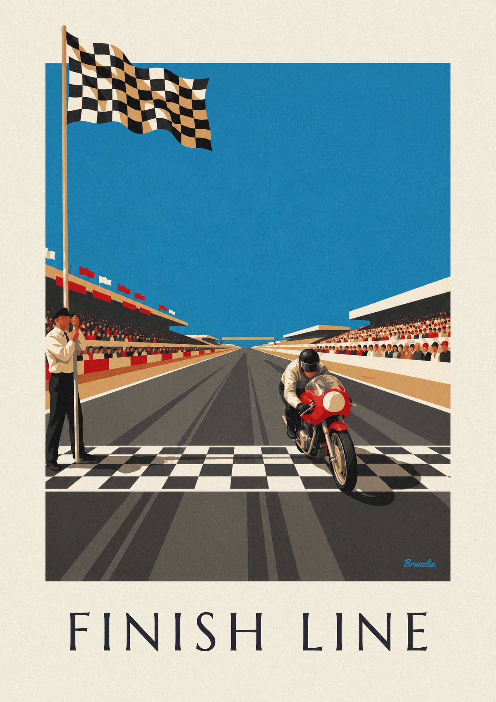 Motorcycle crossing the finish line under the checkered flag poster: close-up detail