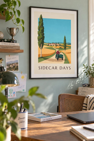Motorcycle and sidecar poster on a country road lined with poplars: framed on the wall