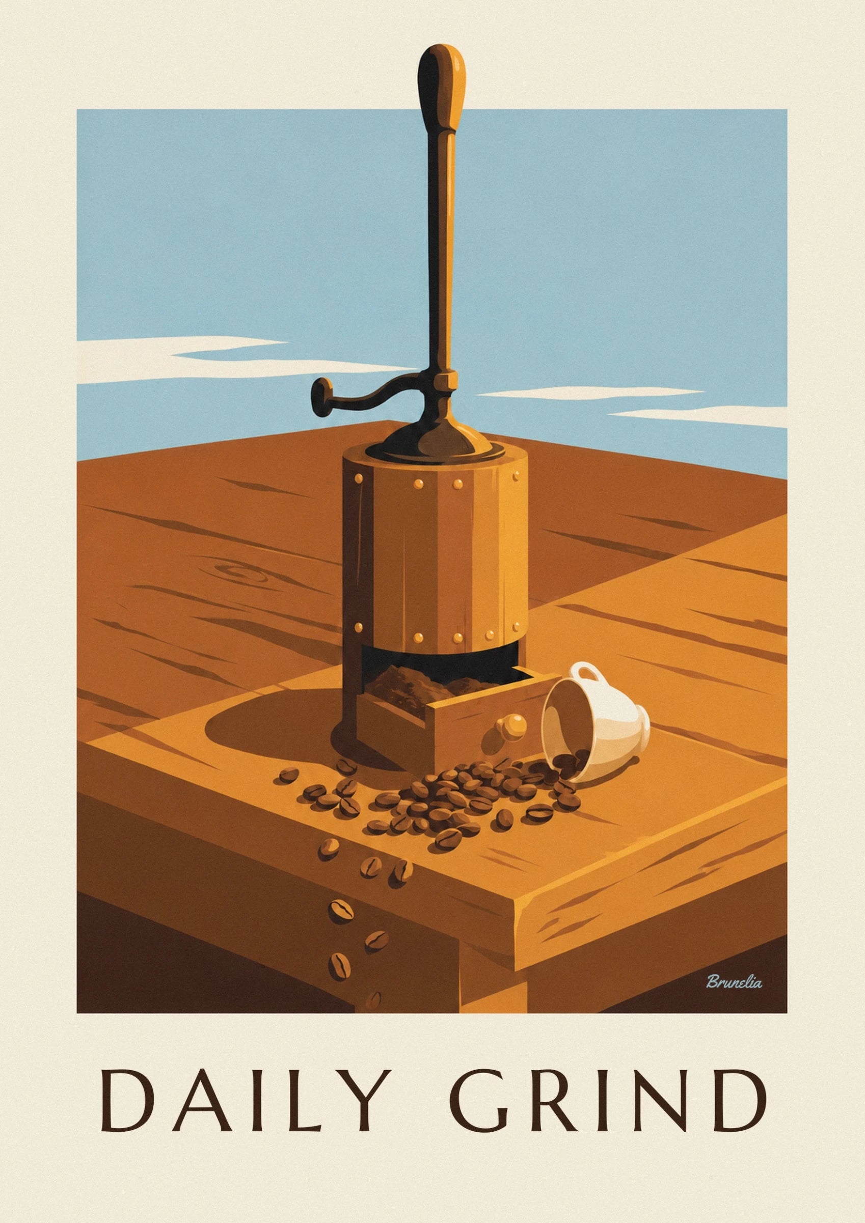 The golden wooden body of the coffee grinder, its round rivets and black handle
