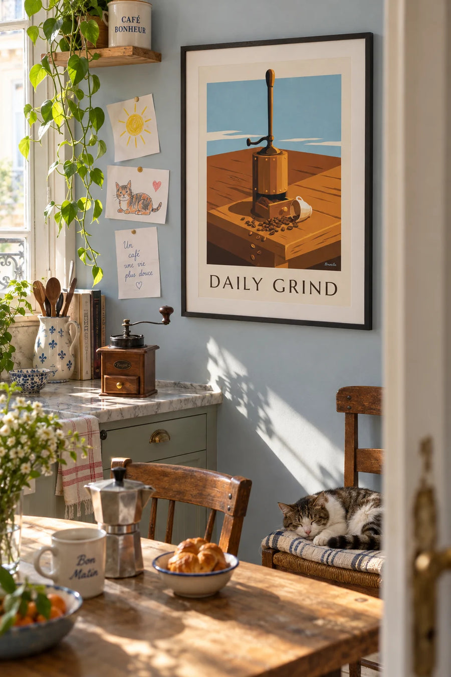Poster of a wooden coffee grinder and coffee beans: framed on the wall