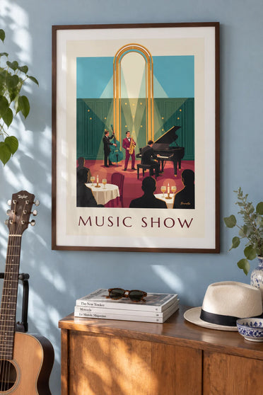 Affiche club de jazz, saxophone bordeaux et arche dorée : encadrée au mur