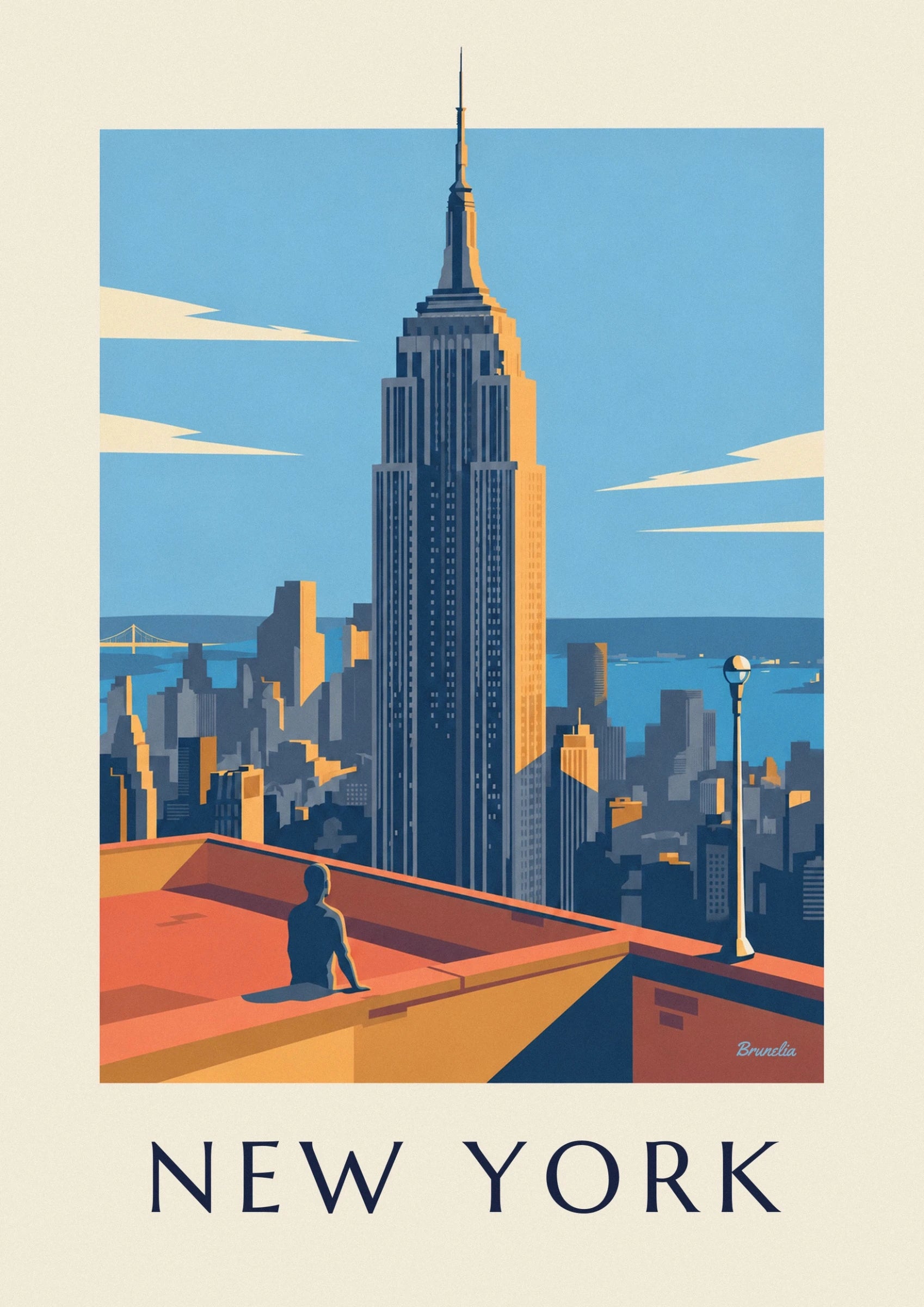 The spire and façades of the Empire State Building bathed in golden light