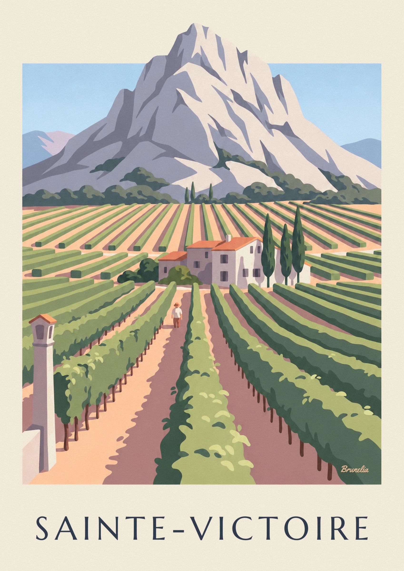 Le mas aux volets gris et toit orange, ses 4 cyprès et la montagne au-dessus des vignes