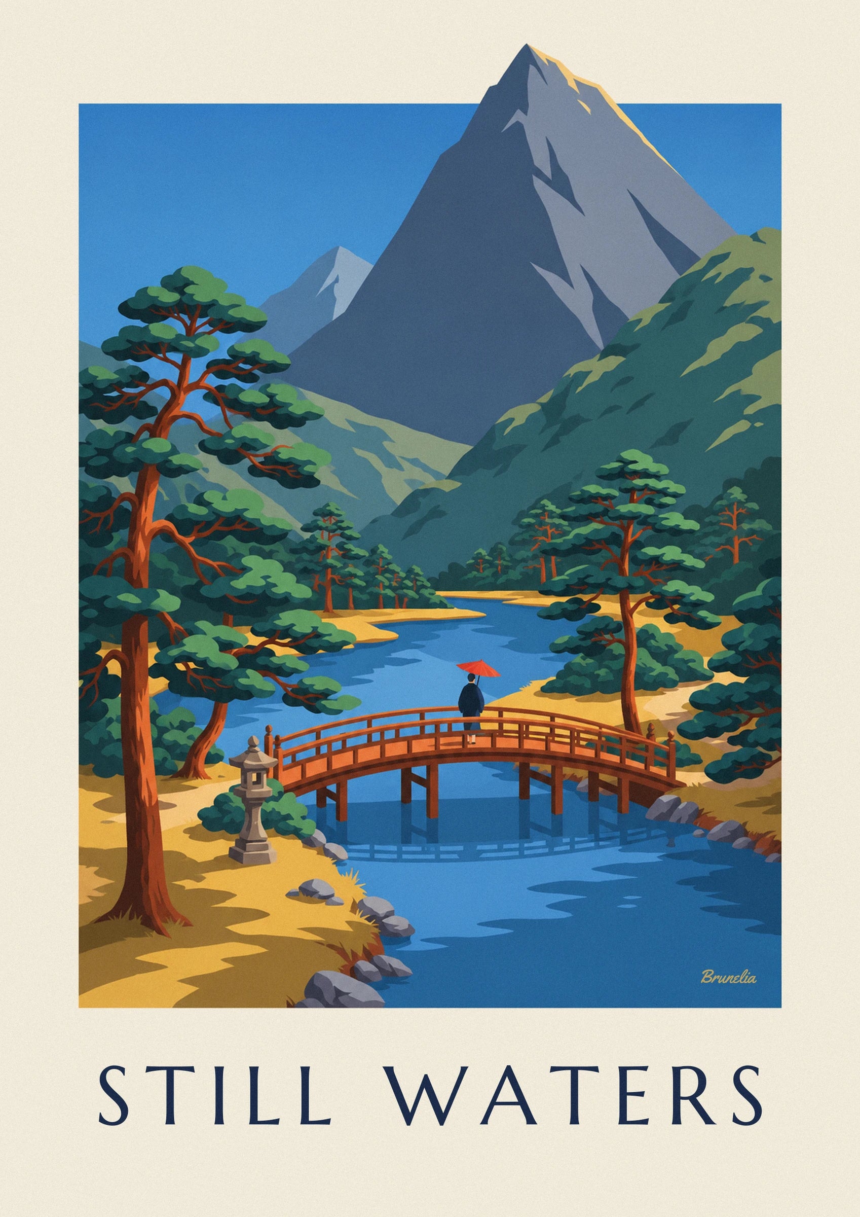 Le promeneur à l'ombrelle rouge sur le pont arqué en bois, au-dessus de la rivière bleue