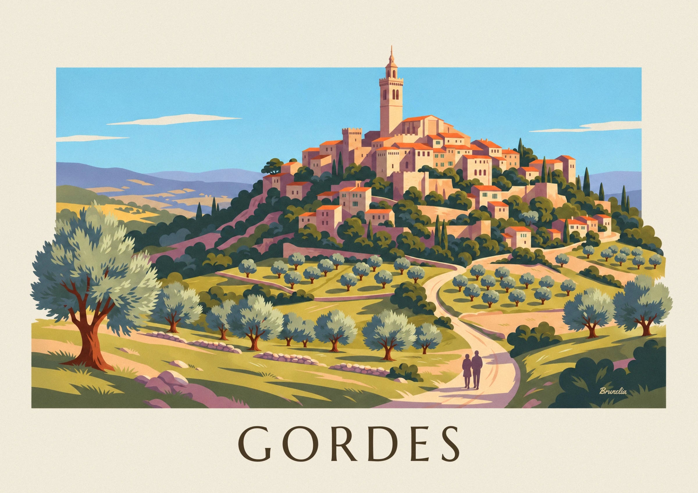 The village bell tower and houses with orange roofs above the olive groves