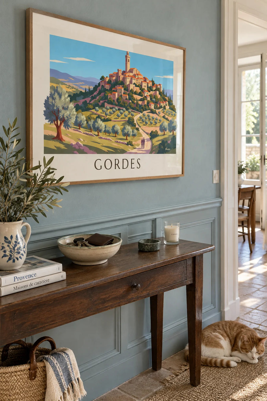 Poster of the hilltop village of Gordes and its olive trees in the Luberon: framed on the wall