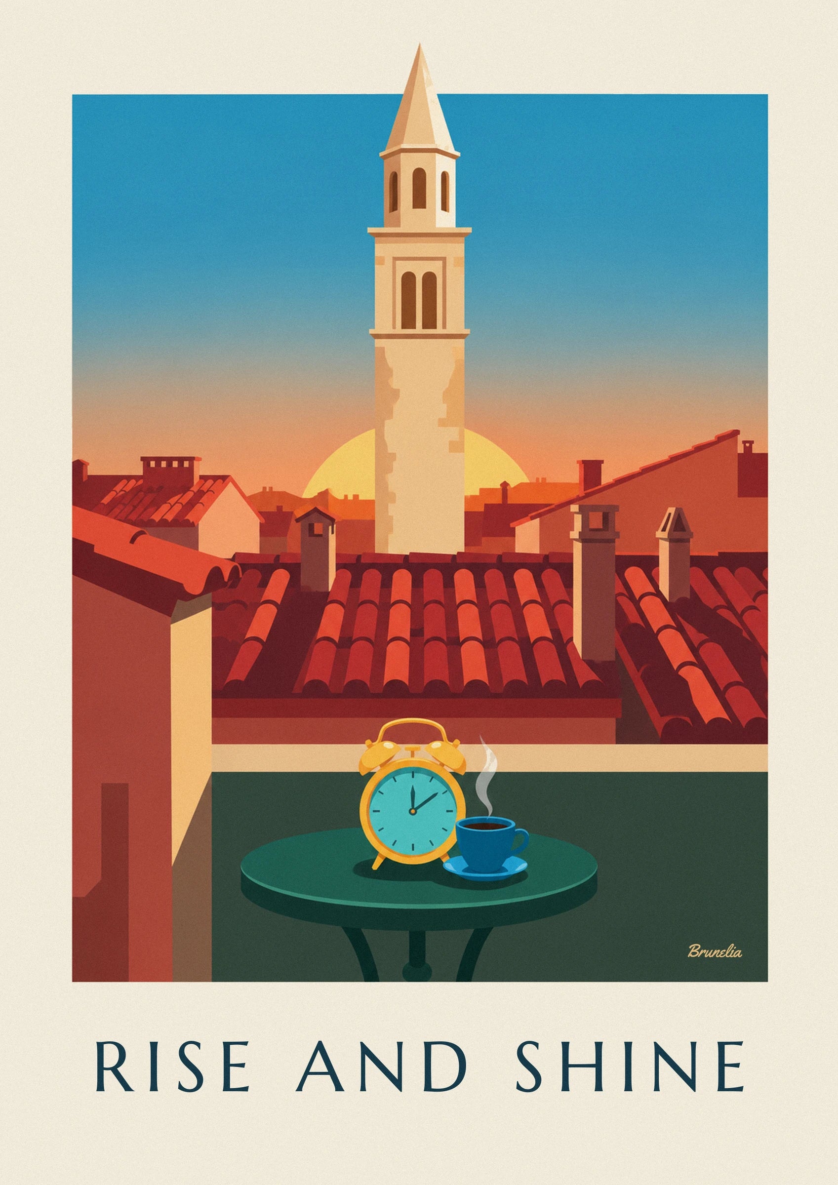 The yellow alarm clock and the cup of steaming blue coffee on the green table
