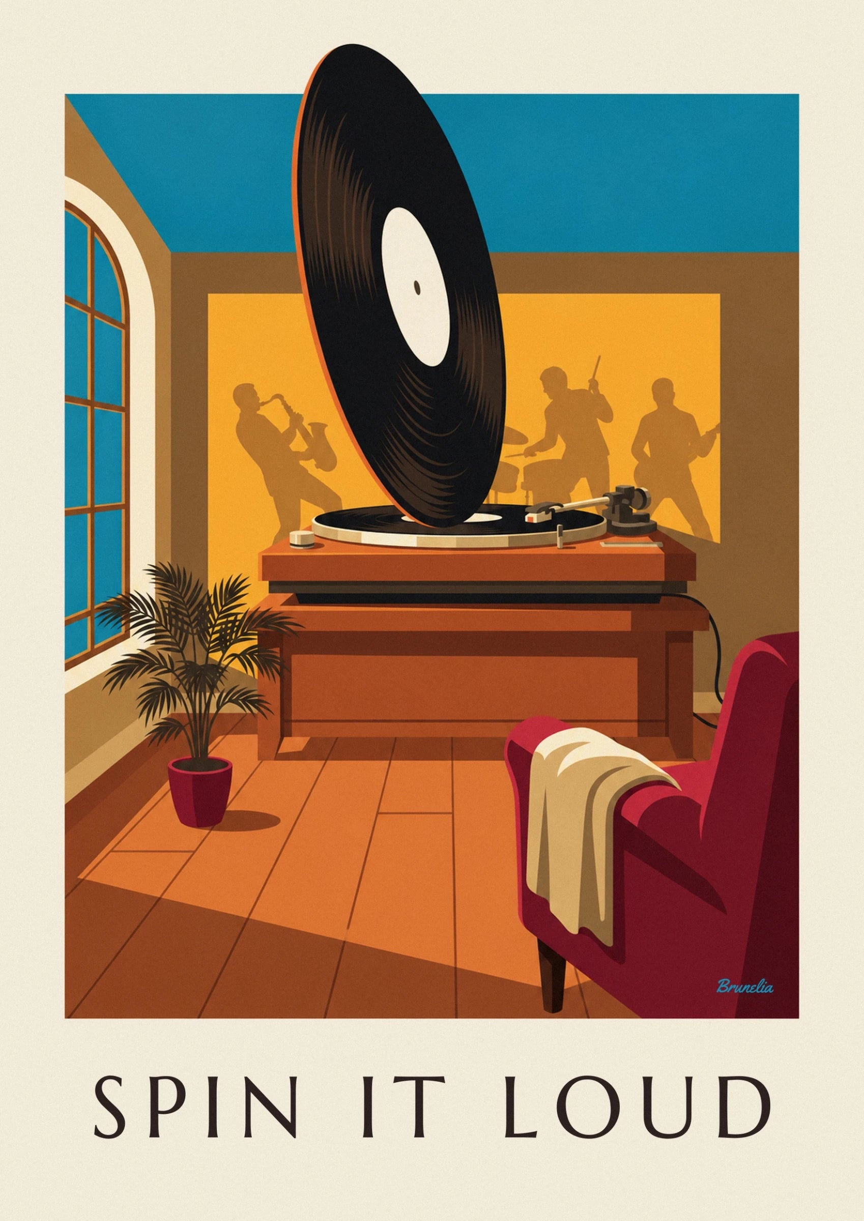 The black vinyl record with a cream label, in front of silhouettes of musicians