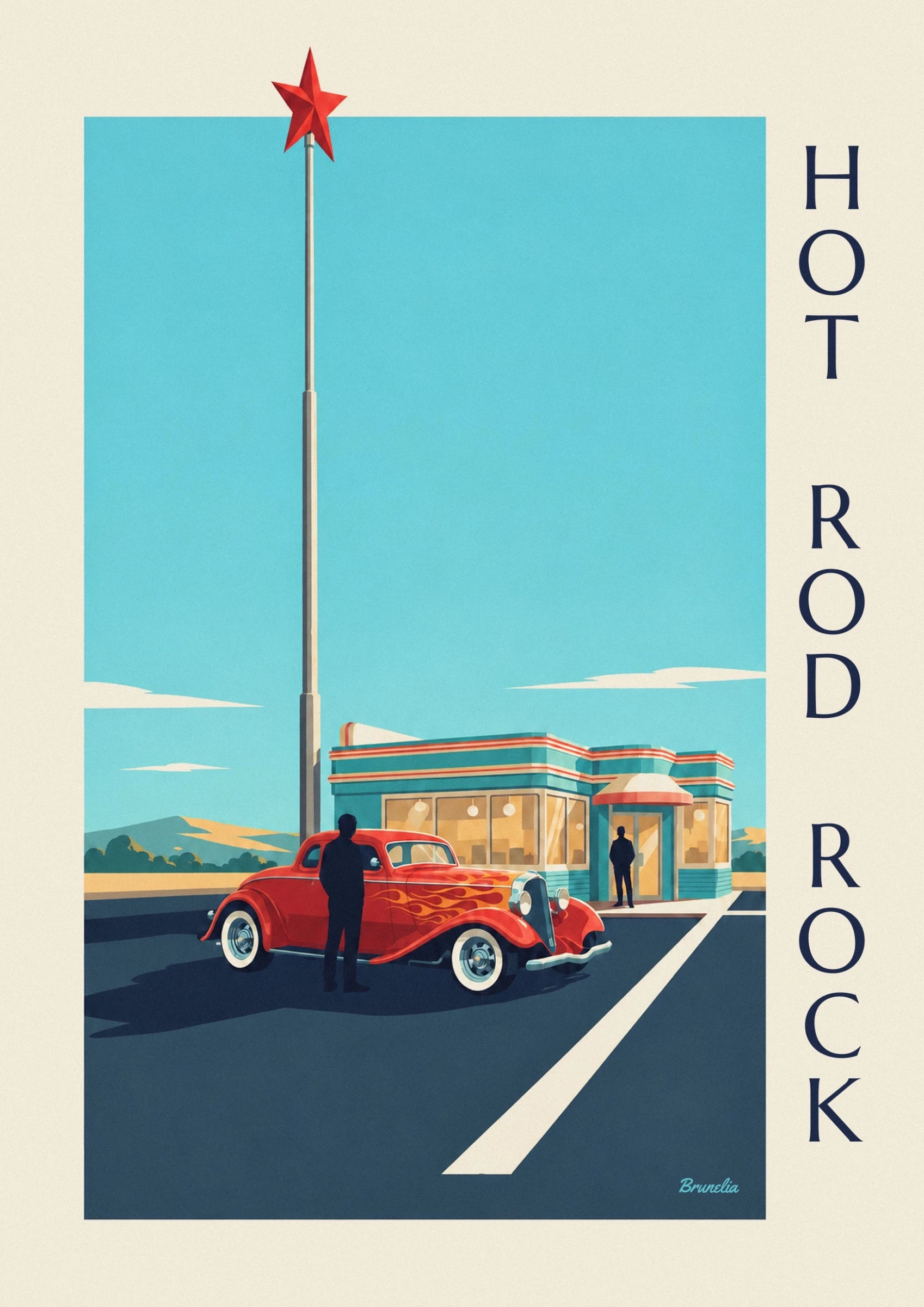 Hot rod outside a rock and roll diner poster: close-up detail