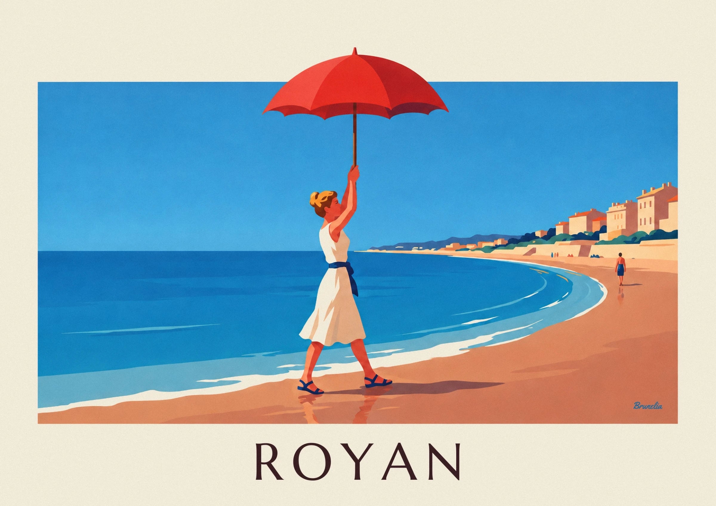 Une femme en robe blanche et sandales bleues, sous une ombrelle rouge sur la plage