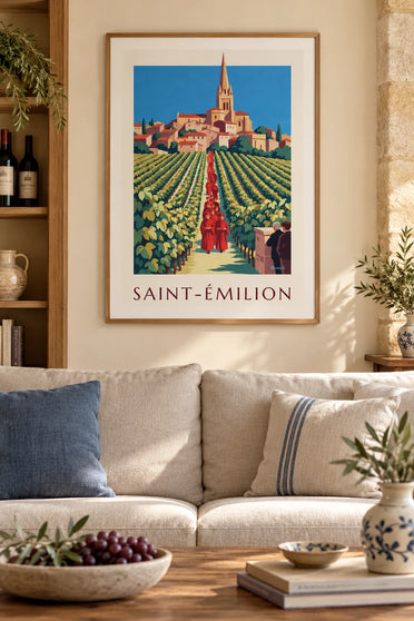 Saint-Émilion vineyards and village from a cellar poster : framed on the wall