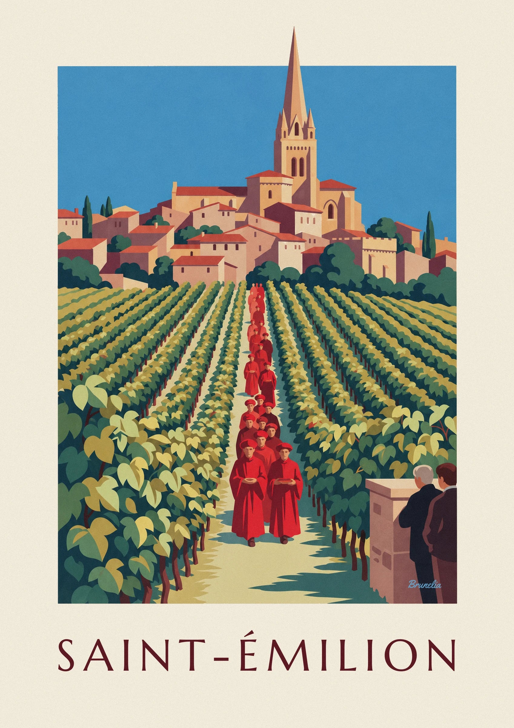 The slender bell tower of Saint-Émilion above the houses with red roofs