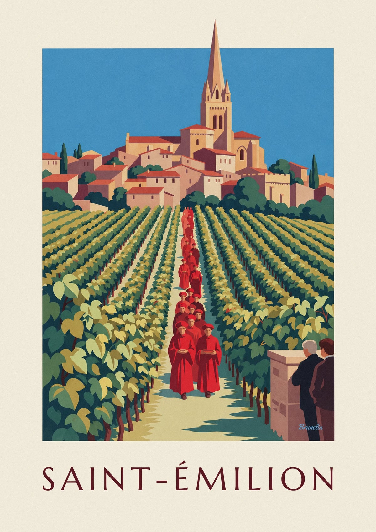 Affiche vignes et village de Saint-Émilion vus d'une cave