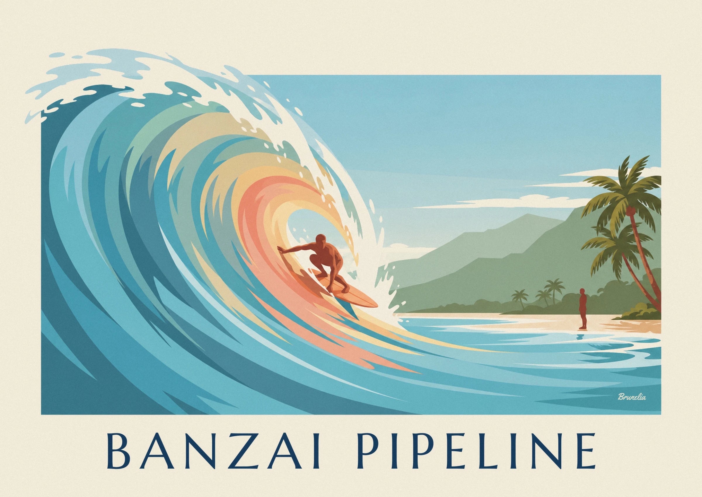 The surfer crouching on his orange board in the hollow of a turquoise and coral wave