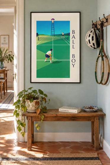 Affiche ramasseur de balles sur le court de tennis : encadrée au mur