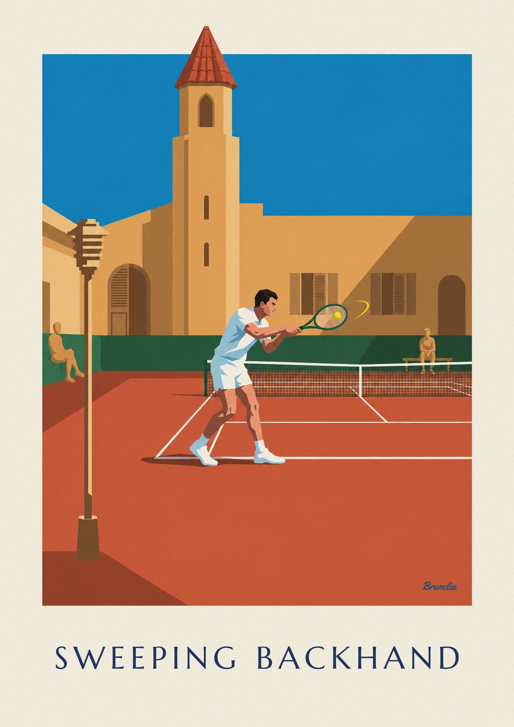 The player in white preparing a backhand on the red clay court
