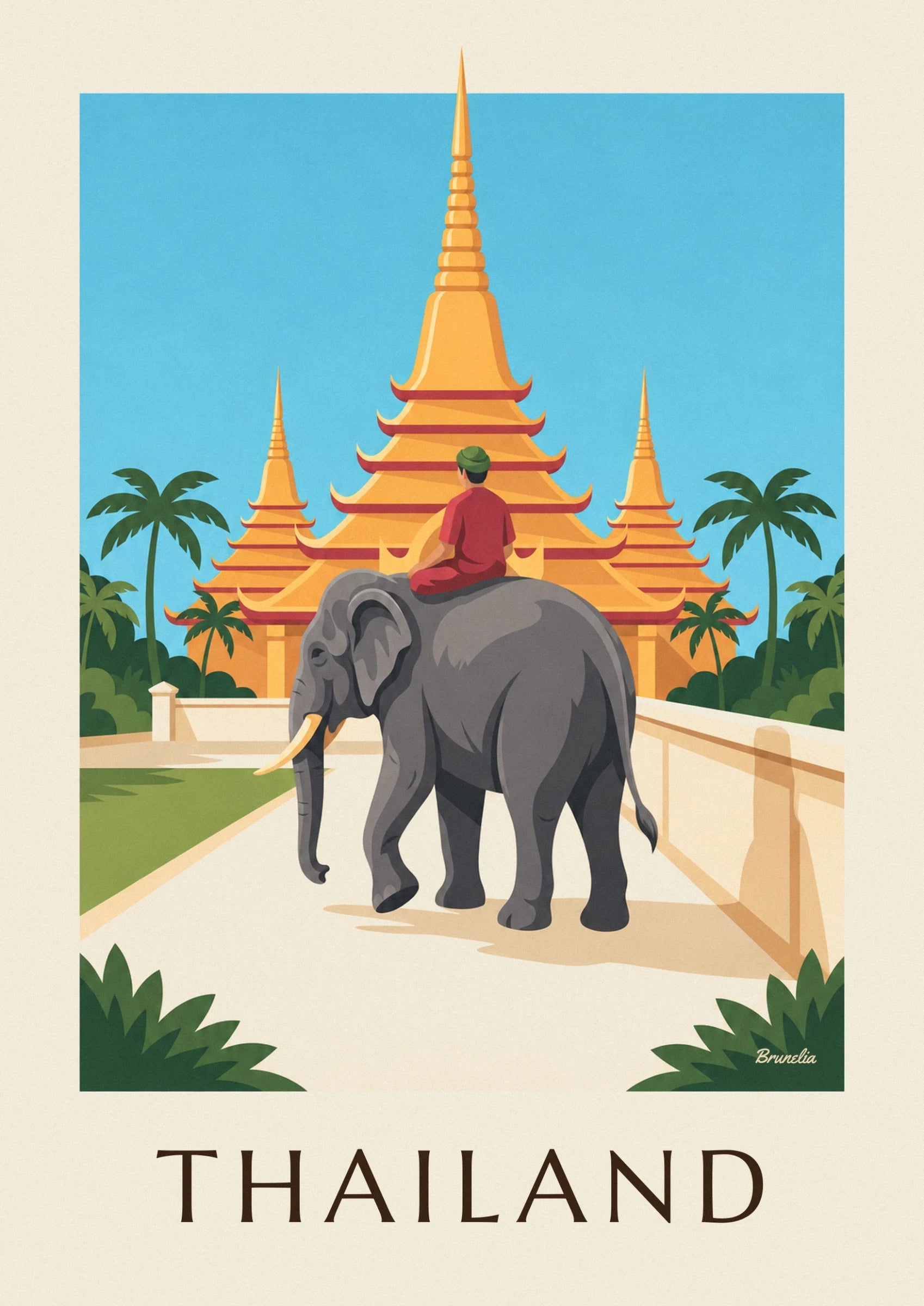 A grey elephant and its rider in red in front of the golden pagodas of Thaïlande