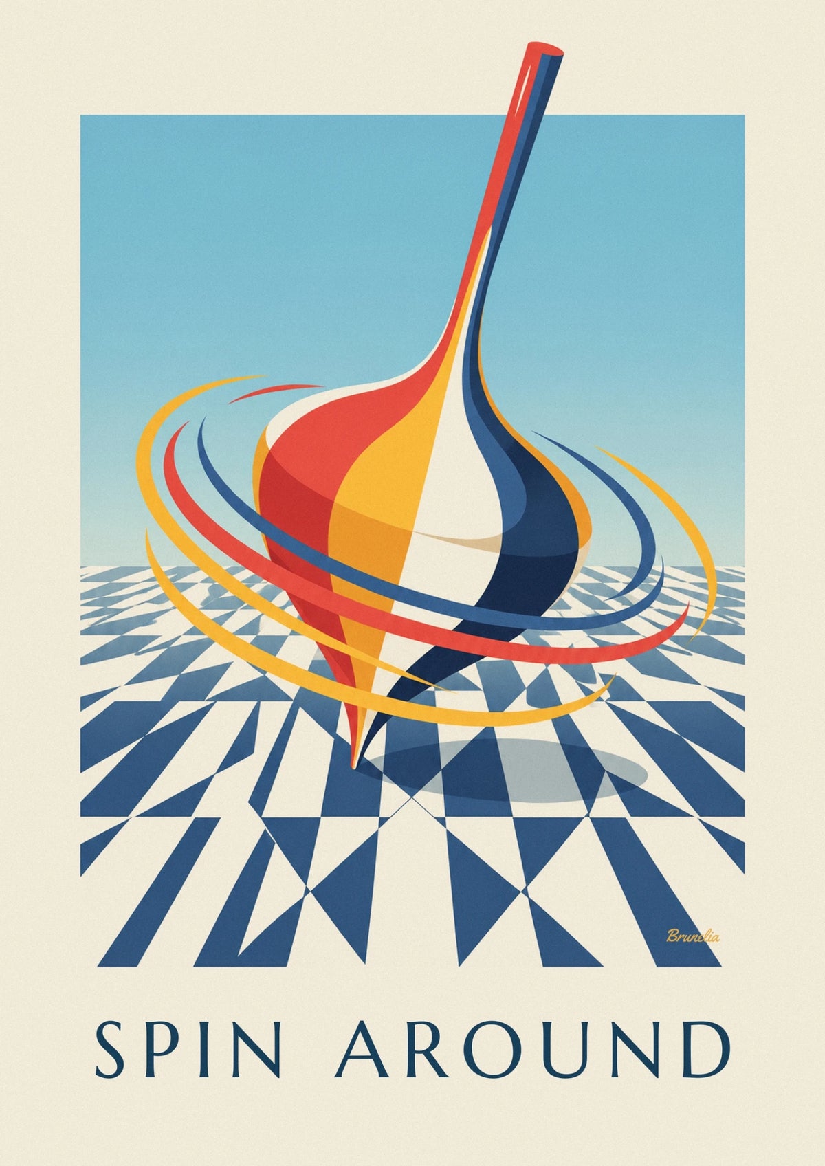Colorful spinning top in motion on geometric background poster