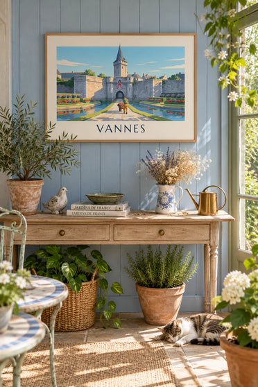 Poster of a gardener in front of the Poterne gate and the ramparts of Vannes: framed on the wall