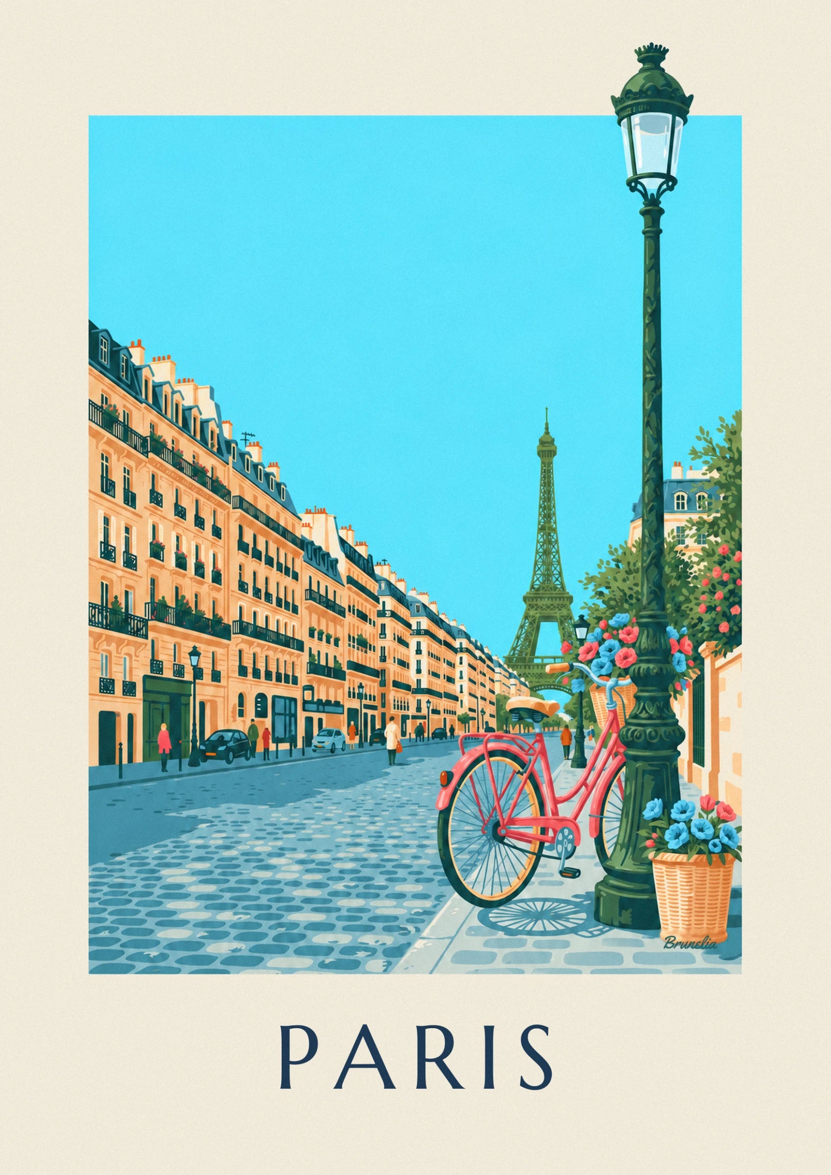 The coral bicycle with a basket of blue and pink flowers, parked on the cobbled pavement