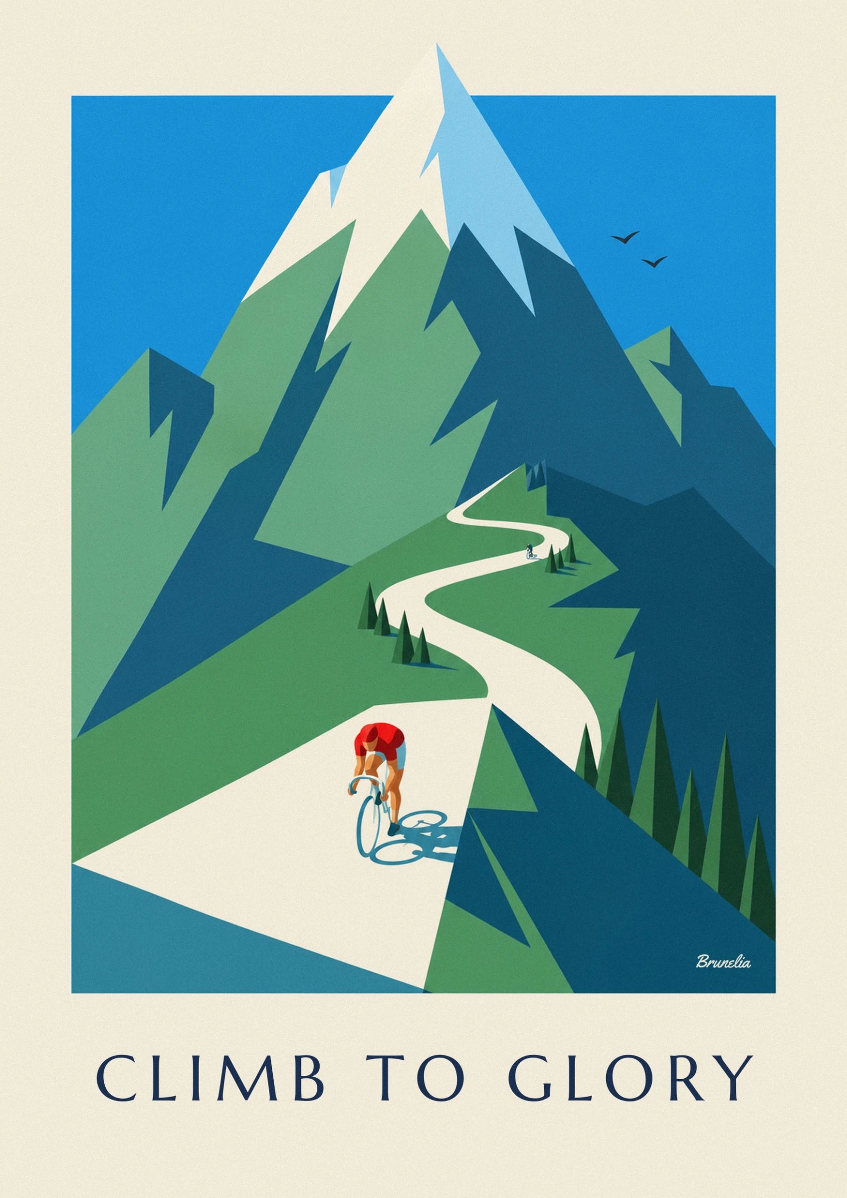 The cyclist in a red jersey leaning over his blue bike, his shadow on the pale road