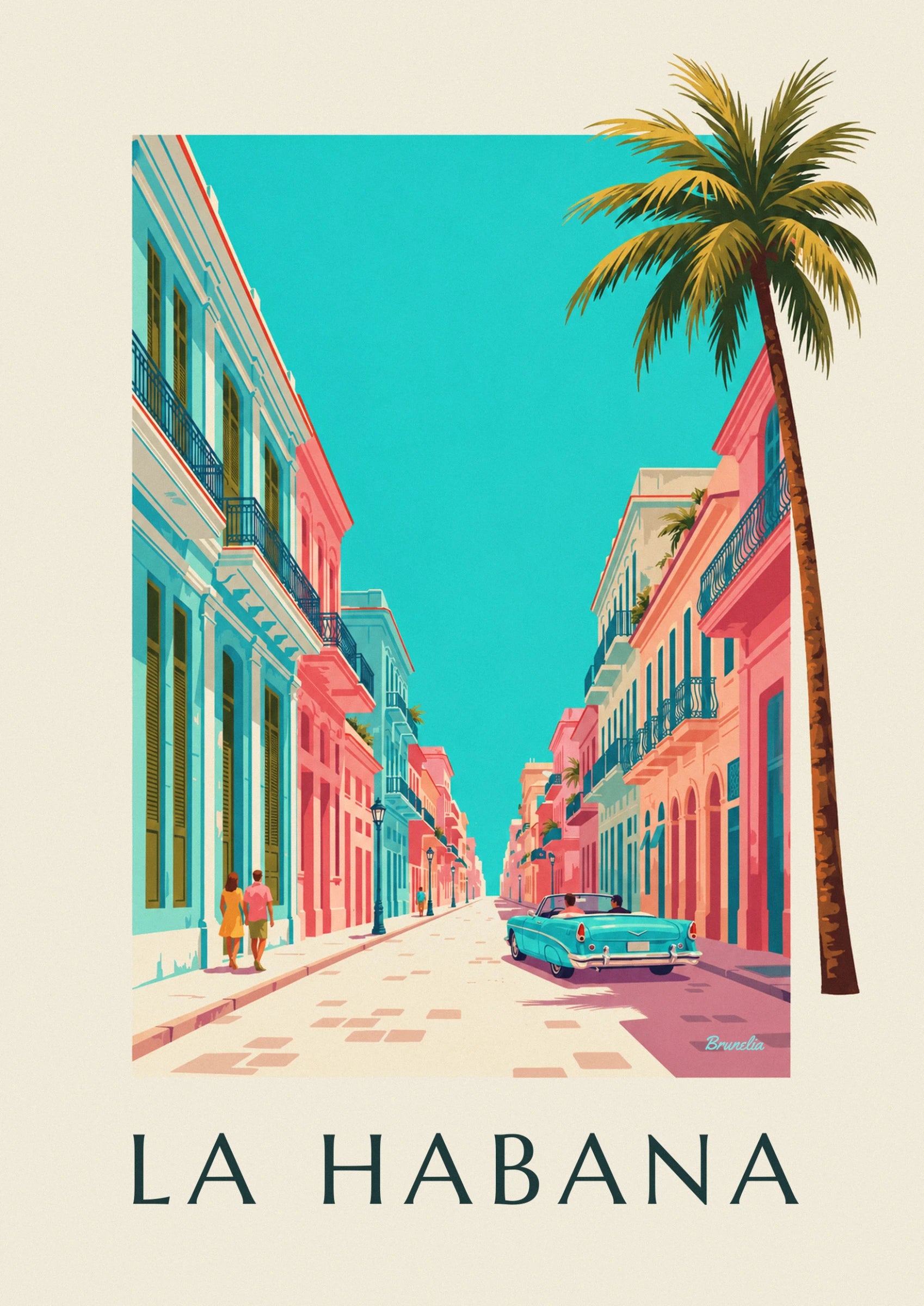 La décapotable turquoise et ses 2 passagers, dans une rue de façades roses