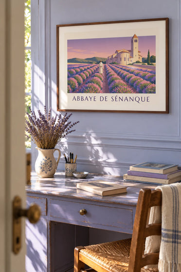 Poster of a monk walking through the lavender at Sénanque Abbey: framed on the wall