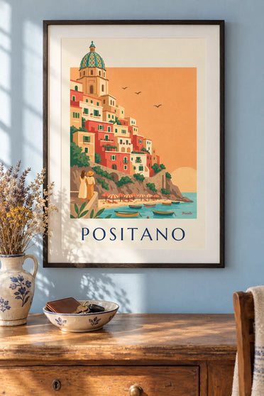 Poster of cascading houses and the church dome in Positano: framed on the wall