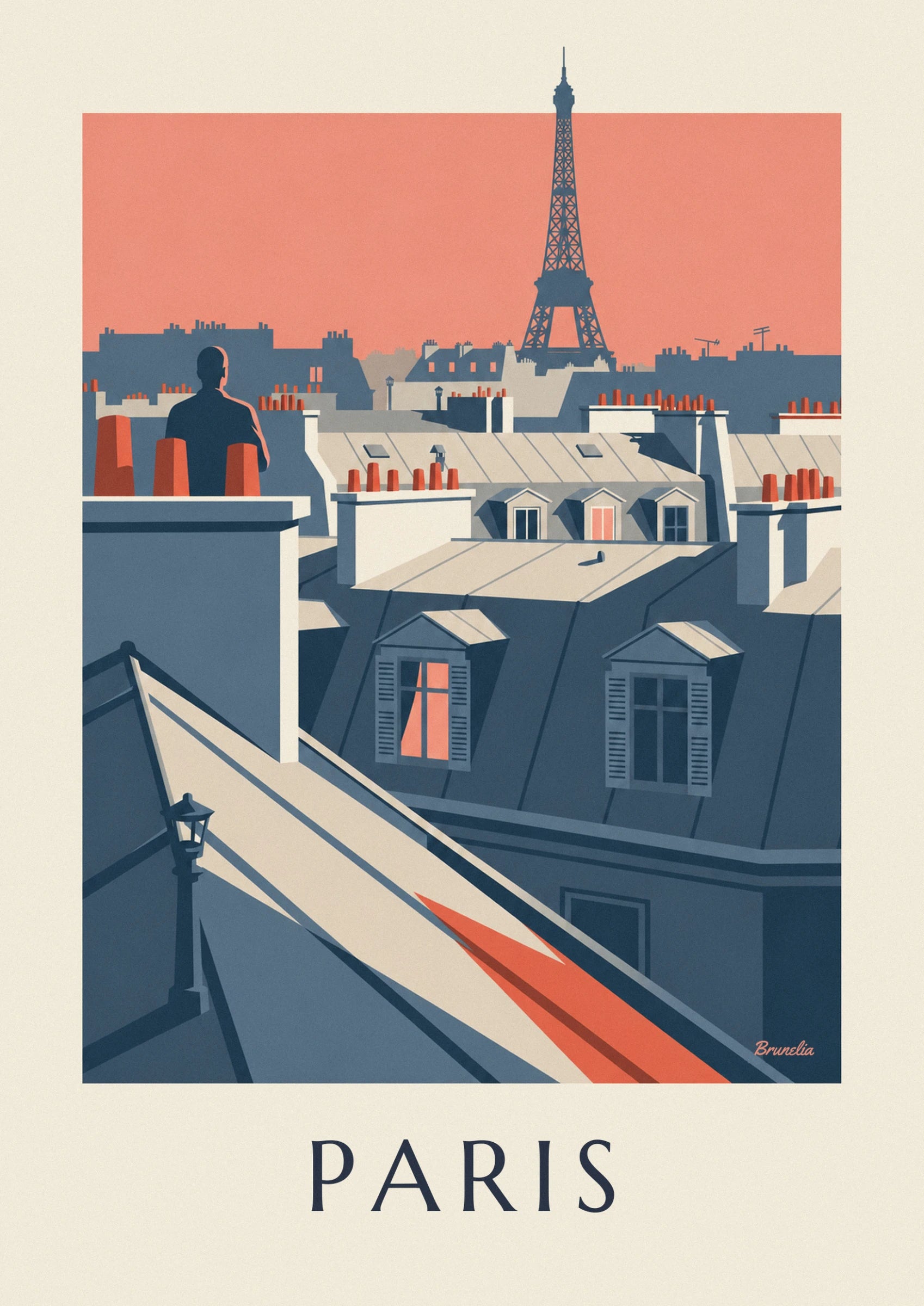 The tour Eiffel standing out against a pink-orange sky above the zinc rooftops and their chimneys