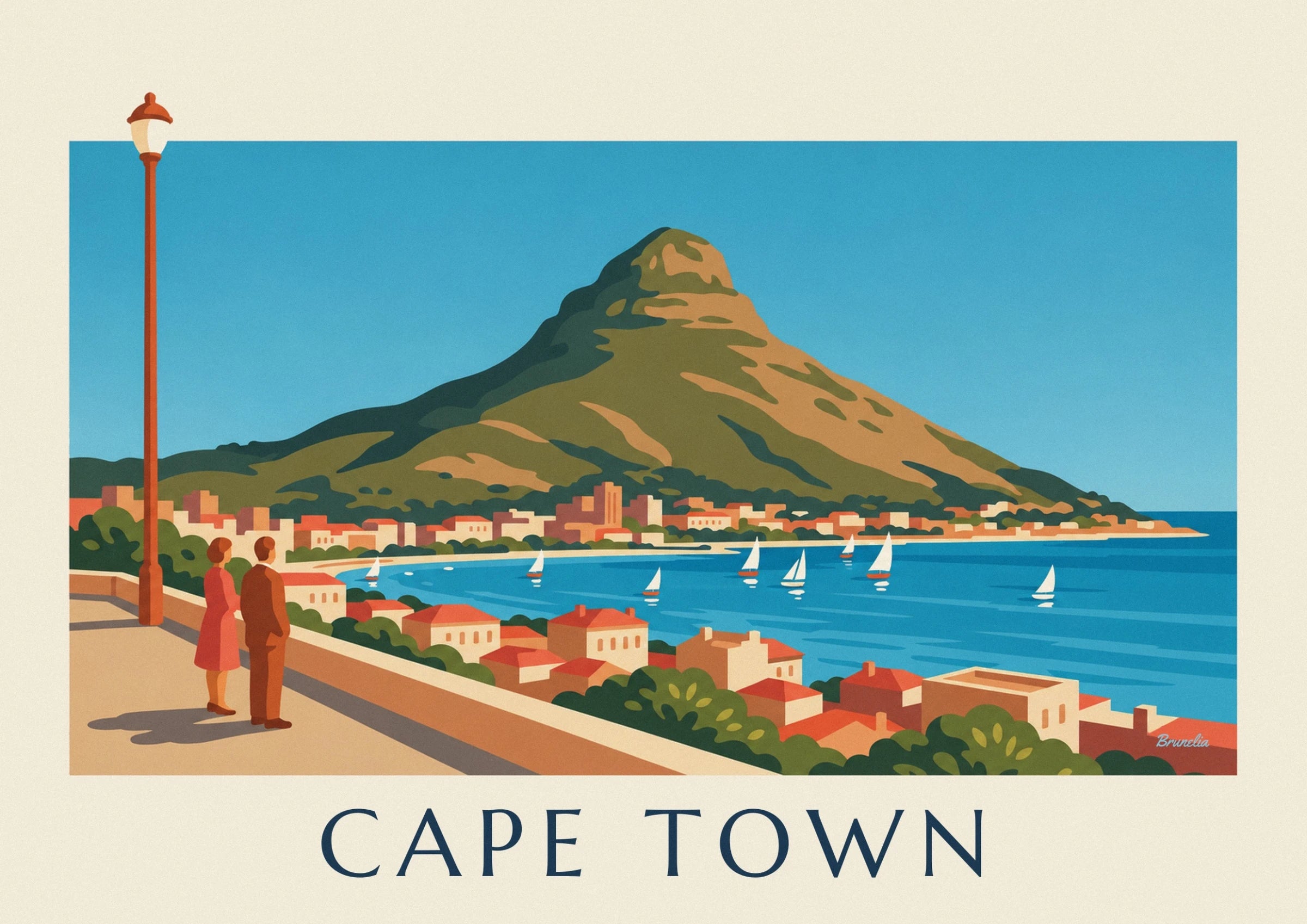 Green and ochre Lion's Head overlooking the bay, with 5 white sailing boats on the blue water
