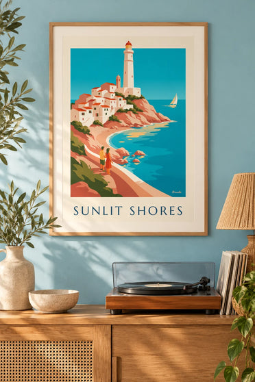Mediterranean coast white village and lighthouse poster : framed on the wall