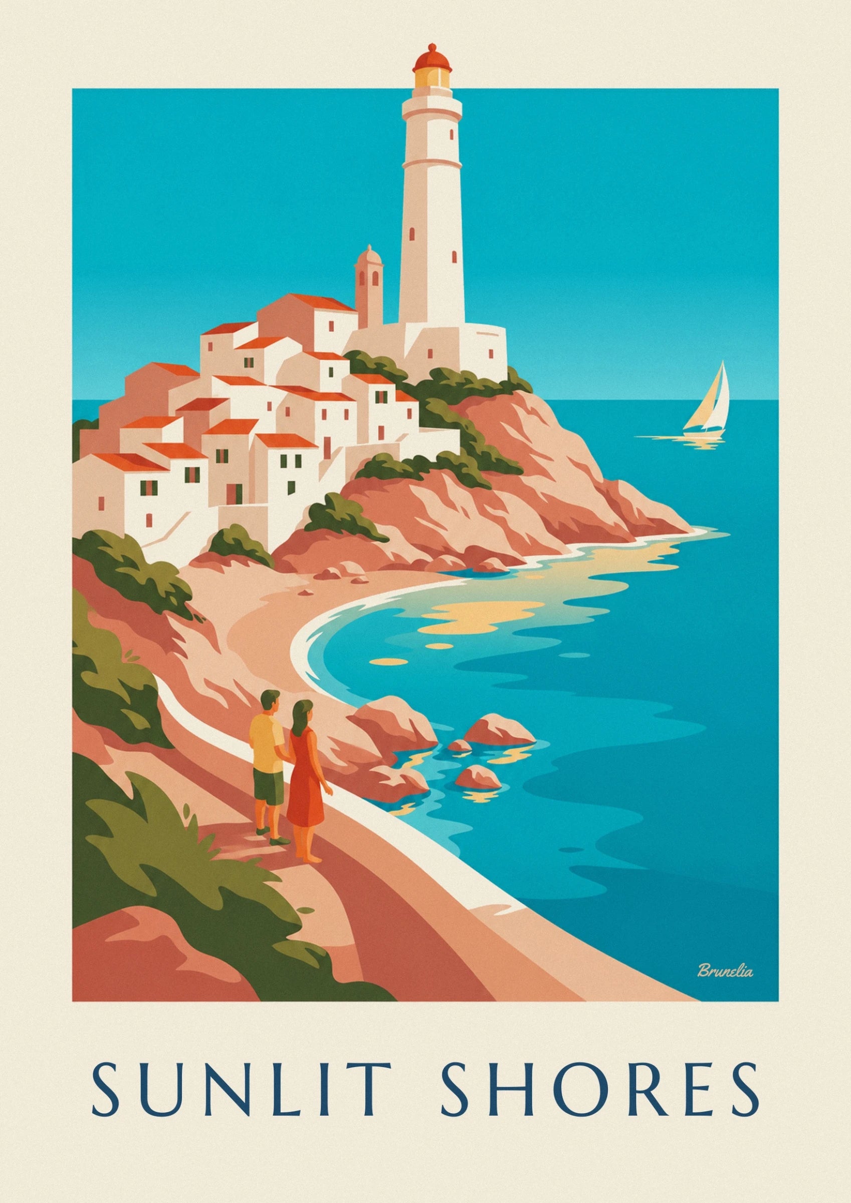 The white lighthouse with an orange lantern above the houses with red roofs