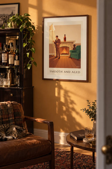 Affiche whisky, homme en costume près de la cheminée : encadrée au mur